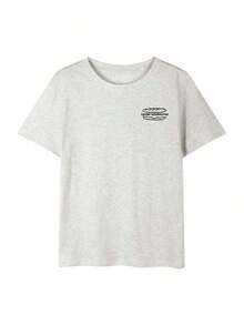 New White Short Sleeve Summer T-Shirt, English Print, Loose Fit, For Petite Women, Casual In-Style - 淺灰色 2 - 查看 4