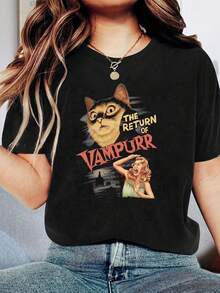 Camiseta de manga corta para mujer, cuello redondo, holgada, con estampado gráfico de gato y figura femenina, ideal para uso diario, salidas casuales, fines de semana y eventos de Halloween, estilo retro y streetwear, para primavera y verano. Envío nacional en México. - Negro - Ver 3