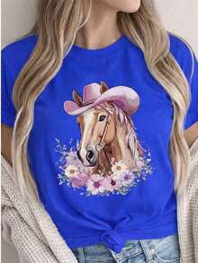 Women's Graphic T-Shirt, Short Sleeve, Round Neck, Basic, Comfortable, Cool, Lightweight, Modern, Youthful Print, Horse, Hat, Cowboy, Cowgirl, Western, Flowers, Floral, Watercolor - 皇家藍 - 查看 1