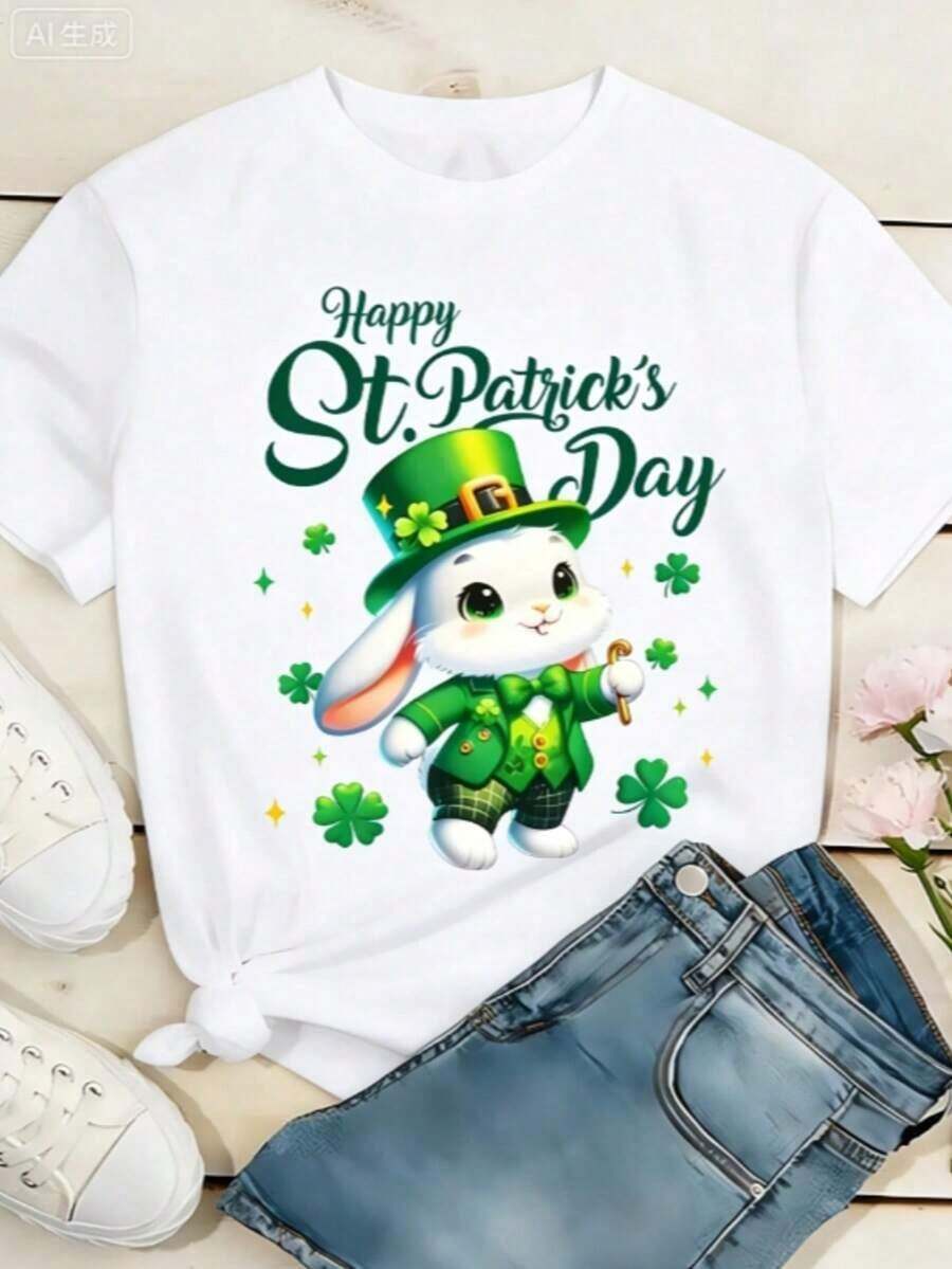 100% cotton Camiseta Estampada para Mujer con Diseño del Día de San Patricio - Diseño de Conejo y Trébol para un Feliz Día de San Patricio, Verde Brillante, Manga Corta, Cuello Redondo, Estilo Casual, Lavable a Máquina, Ropa Decorativa para Primavera y Verano, Estilo Divertido, Tela Opaca - Blanco - Ver 1