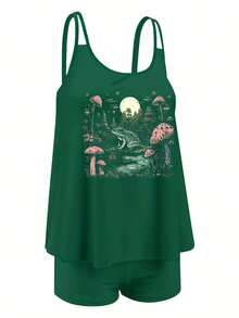 Cottagecore Aesthetic Frog, Moon And Mushrooms Pagan Tankini Swimsuit Funny Swimwear Pool Party Swimsuit Summer Vacation Bathing Suit High Neck Halter Bikini Set 9TYQ - 綠色 - 查看 5