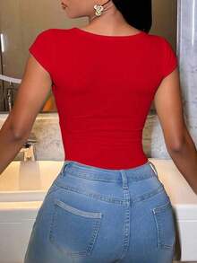 Body ajustado y sexy con escote bajo y acanalado para mujeres - Rojo - Ver 2