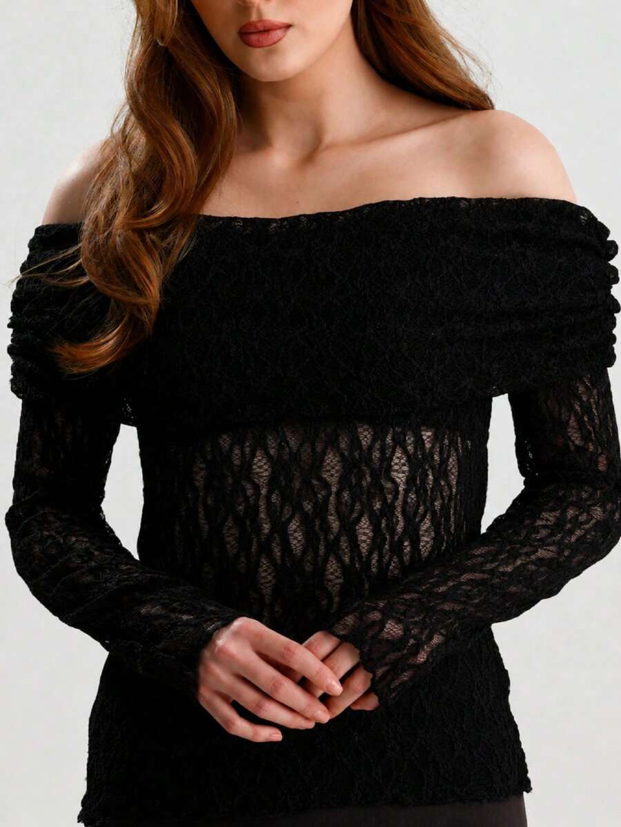 RoseArya Bardot Neck Lace Sheer Blouse - Black - View 1