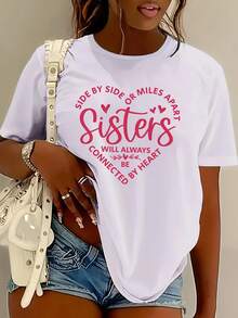 Talla Grande - Talla Grande - Camiseta a juego para hermanas para siempre para mujer | Top blanco casual de cuello redondo con diseño de corazón y floral, Cita de hermanos lado a lado a millas de distancia, Lavable a máquina, Adecuado para primavera, verano y otoño, Ropa diaria y de vacaciones - Blanco - Ver 6