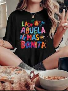 New Fashion Women's Crew Neck-Shirt Camiseta informal de verano para mujer con estampado gráfico divertido y colorido, cuello redondo, manga corta, % algodón, 220 g de algodón grueso para vacaciones y uso informalPure-CottonSummer-ready versatile design. - Negro - Ver 9