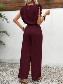 Conjunto de 2 piezas de blusa con ribete de encaje de unicolor y pantalones de pierna ancha para mujer, casual para vacaciones y viajes, primavera/verano - Burdeos - Ver 2