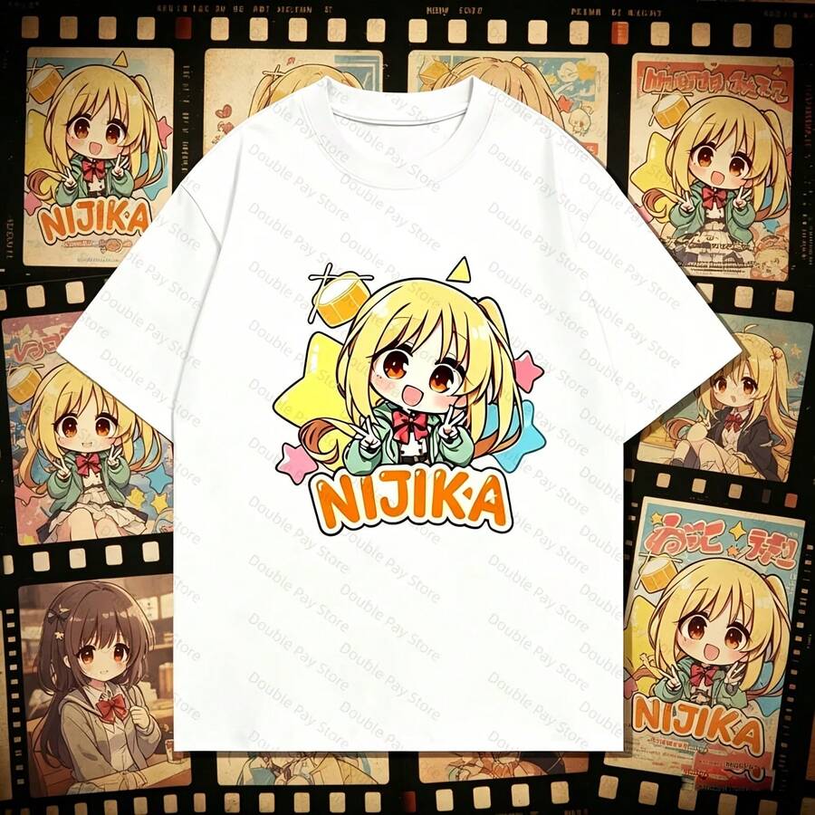 Bocchi The Rock Nijika Ijichi Chibi Print T-Shirt, Casual Short Sleeve HarAJsuku Style Cotton T-Shirt For Men And Women, Streetwear - 款式 - 查看 1