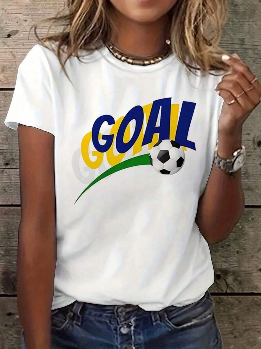 Impresión gráfica Camiseta con goles de fútbol, un elegante top casual de cuello de tulación de manga corterfecto para lrimavera y el verano, diseñado para mujeres - Blanco - Ver 1