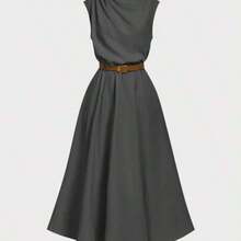 MOD Women's Solid Color Sleeveless Dress (With Belt), Back To School Season, Olive Dress - Gris - Ver 1