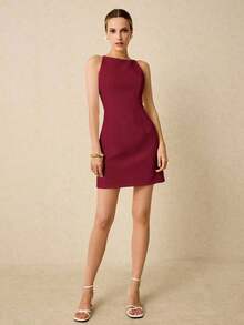 Vestido corto sin mangas de unicolor elegante para mujer, vestido formal, vestido de novia, vestido blanco de graduación, vestido informal para la oficina - Burdeos - Ver 7