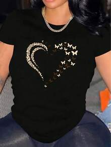 1 camiseta de mujer, cuello redondo cómodo, manga corta de mezcla de algodón casual, top suave y transpirable, camiseta de mujer, tela de estilo urbano para verano y primavera, 180g, 100% algodón. - Negro - Ver 11
