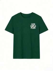 Camiseta de manga corta beige con cuello redondo, estampado gráfico de letras, estilo casual, holgada y versátil para mujer, ideal para el verano y el uso diario. - Verde Oscuro - Ver 3