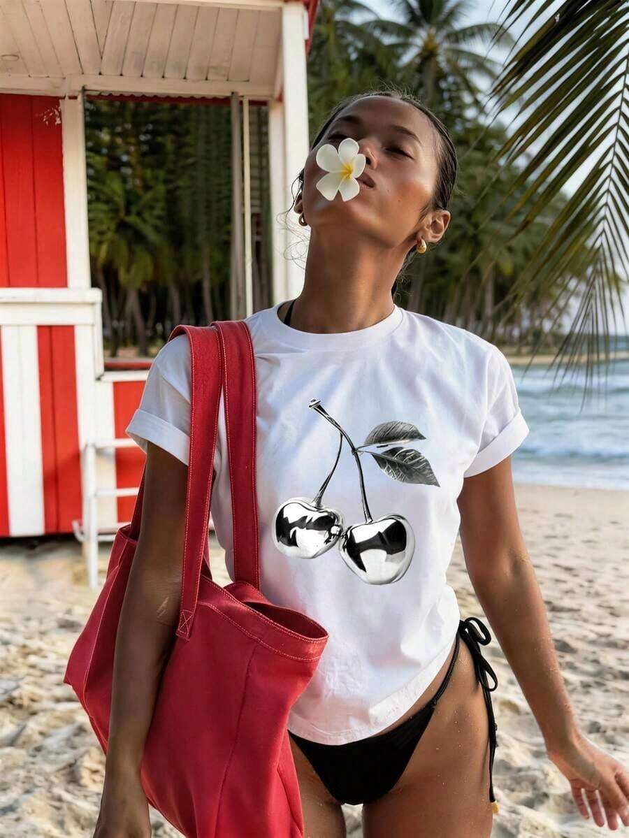 Camiseta de mujer, camiseta de manga corta con gráfico de estilo casual de calle, top de verano lindo - Blanco 2 - Ver 1