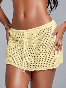 Swim Lushoire Falda pareo con dobladillo ondulado para la playa, con patrón geométrico perforado y floral - Amarillo claro - Ver 7