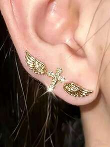 3pcs Delicate Fashionable Versatile Charming Rhinestone Cross Wing Stud Earrings, Suitable For Women's Daily, Festival, Party Wear - Cross Wings - View 6