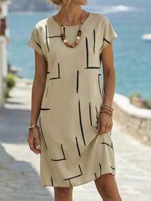 Vestido de verano casual para mujer con estampado integral, cuello redondo y mangas tipo murciélago. Vestidos de verano para mujeres, vestidos tipo camisera para mujeres - Pearl White - Ver 3