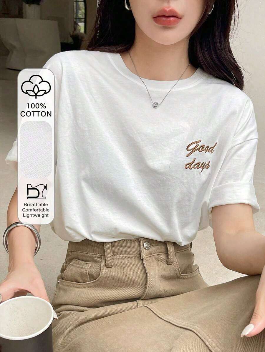 Soft Camiseta de manga corta con bordado de letras para mujer en verano pattern - Blanco - Ver 1