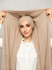 1pc 3-In-1 Instant Chiffon Hijab With Built-In Magnet And Inner Cap/All-In-One Instant Hijab - No Pins Needed, Non-Slip Fit, Quick Wear - Khaki - View 3