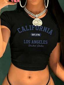 Women's Vintage Graphic T-Shirt With California Los Angeles Design - Casual Crew Neck, Short Sleeve, Cotton, Machine Washable, EST 1776 Print2025 - 黑色 2 - 查看 4