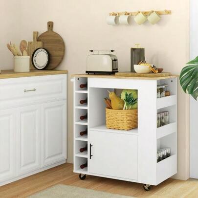 Kitchen Trolley/Serving Trolley With Worktop, Shelves, Wine Racks, Kitchen Cabinet/Rolling Trolley With Soft-Close Hinges, Handle, Kitchen Island For Office, 83x40x83cm, Oak