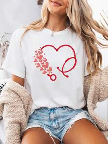 Camiseta Casual de Manga Corta con Estampado de Letras de San Valentín, Estilo Minimalista Moderno, para Primavera/Verano, Camiseta Deportiva para Mujer, Top Casual para el Día a Día - Blanco - Ver 7