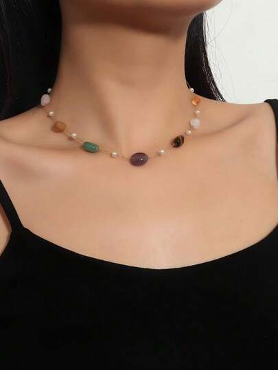 1 pieza Collar de piedra natural para mujer, adecuado para uso casual, playa, fiesta, un regalo ideal para ella