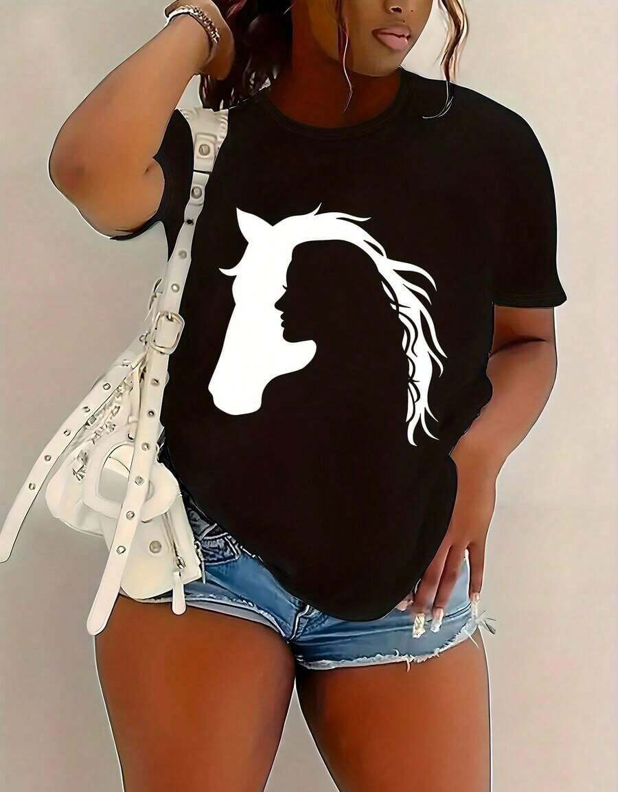 1 Camiseta de Moda Casual para Hombres y Mujeres, Tallas Grandes, con Estampado de Caballo, Camisetas de Manga Corta para Primavera/Verano, Ropa de Tallas Grandes para Mujer, Ajuste Cómodo. Versátil, fácil de combinar, adecuada para uso diario, estilo urbano, conjuntos de vacaciones, conjuntos de fin de semana. - Negro - Ver 1