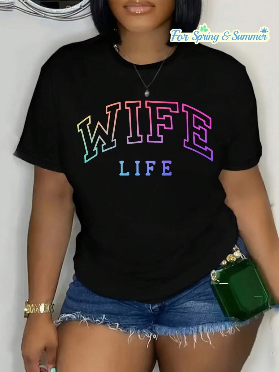 "Wife Life" Graphic T-Shirt | Casual Short Sleeve Crew Neck Top With Vibrant Rainbow Letter Print, Soft And Breathable Fabric, Comfortable Spring, Summer And Autumn T-Shirt For Women (Machine Washable) - Fun Gift Idea For Wife, Seasonal Clothing Item - 黑色 - 查看 1