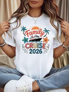 "FAMILY CRUISE 2026" Women's T-Shirt With A 2026 Family Cruise Theme, Decorated With A Cruise Ship, Starfish, Palm Tree, And Slogan. Casual Short-Sleeved, Colorful In Orange And Blue, Perfect For A Cozy Family Cruise Vacation. 5OAD - 白色 - 查看 1