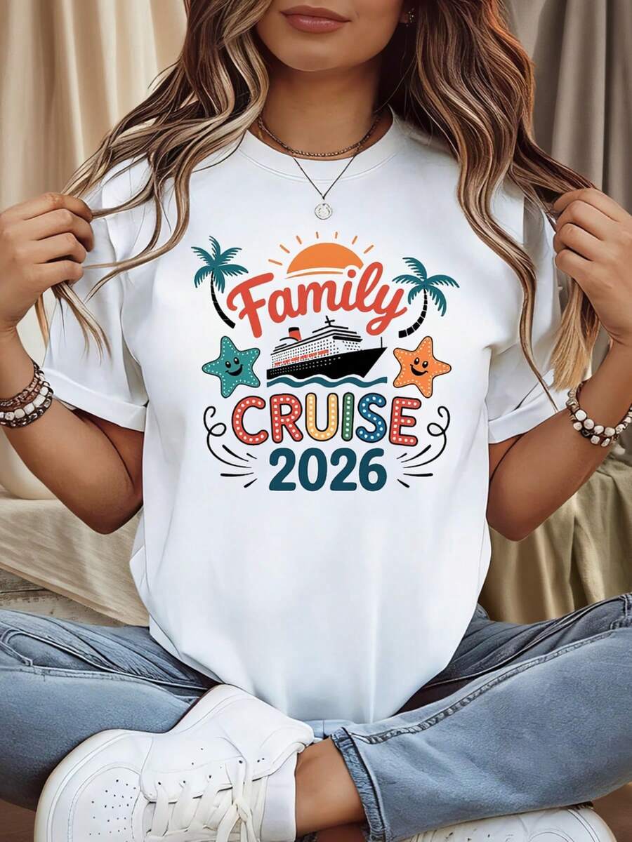 "FAMILY CRUISE 2026" Women's T-Shirt With A 2026 Family Cruise Theme, Decorated With A Cruise Ship, Starfish, Palm Tree, And Slogan. Casual Short-Sleeved, Colorful In Orange And Blue, Perfect For A Cozy Family Cruise Vacation. 5OAD - 白色 - 查看 1