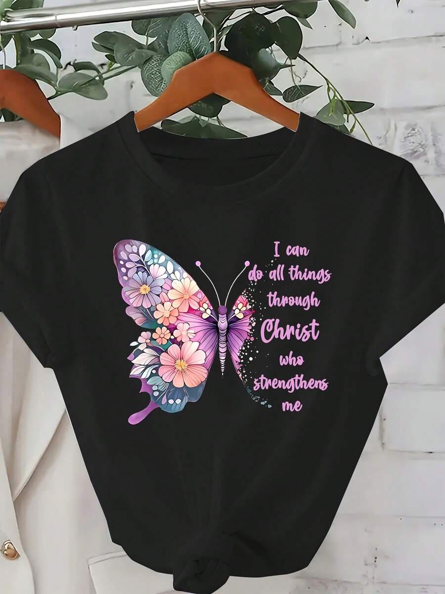 Women's Casual Graphic T-Shirt "I Can Do All Things Through Christ Who Strengthens Me" - Short Sleeve, Crew Neck, White Spring/Summer T-Shirt With Vibrant Butterfly And Flower Design, Christian Inspirational T-Shirt | Vibrant Graphic T-Shirt | Comfortable Fit, Christian Clothing - 黑色 - 查看 1
