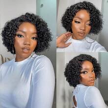 Tóc giả BLING HAIR 6 inch xoăn không cần keo, tóc thật, đã tỉa sẵn/tỉa, tóc giả ren HD trong suốt, sẵn sàng để đội, tóc giả ren ngắn xoăn, mật độ 180. - Natural Black - Xem 7