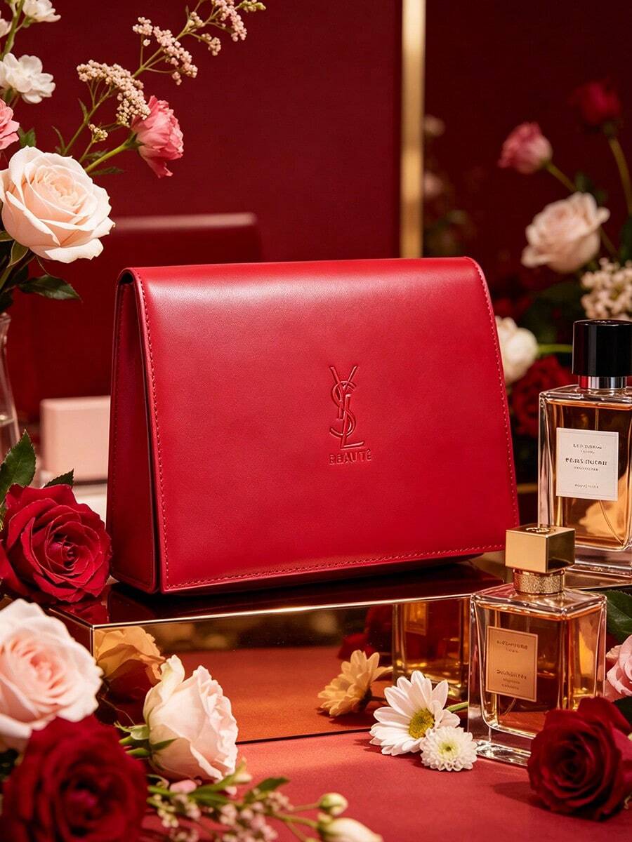 Yves Saint Laurent 紅色絎縫皮革化妝包,內置大尺寸化妝鏡,金色拉鍊雙層化妝收納包,便攜旅行盥洗包,適合送給女友的高端奢華禮物 - 紅色 - 查看 1