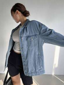 Chaqueta vaquera de manga larga con bolsillos con solapa, de corte holgado para mujer, para otoño/invierno - Lavado ligero - Ver 6