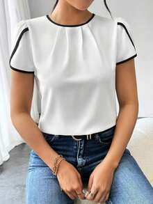Camisa elegante de manga corta con cuello redondo y bloques de color con borde contrastante, ideal para el verano - Blanco - Ver 4