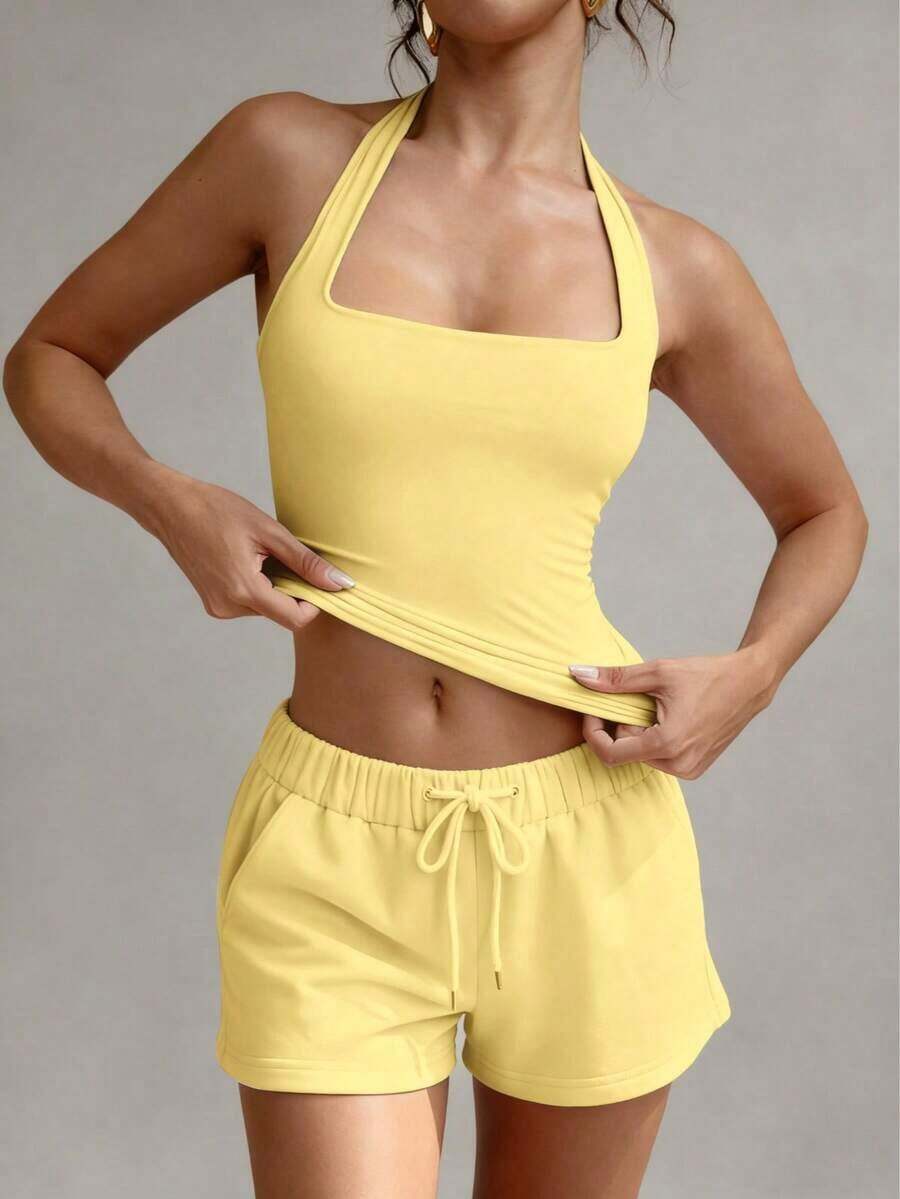 Camiseta sin espalda sexy, top de verano con cuello cuadrado elástico, ajuste casual y elegante, color amarillo para vacaciones - Amarillo - Ver 1