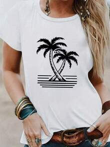 Round Neck T-Shirt With Palm Print, Casual Short-Sleeved Top For Spring/Summer, Women's Clothing. A Very Distinctive Printed T-Shirt / Unisex Style / Suitable For Both Men And Women / Wrinkle-Resistant / Breathable - 白色 - 查看 8