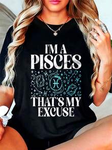 Size - I'm A Pisces, That's My Excuse - Pisces T-Shirt, Crew Neck, Short Sleeve, Graphic T-Shirt For Women And Men - 黑色 - 查看 1