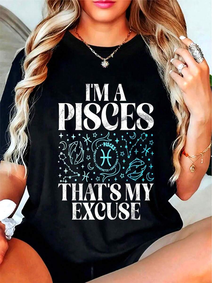 Size - I'm A Pisces, That's My Excuse - Pisces T-Shirt, Crew Neck, Short Sleeve, Graphic T-Shirt For Women And Men - 黑色 - 查看 1