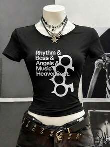 Camiseta de manga corta con estampado de transferencia de calor de manzana bordada, estilo Ins, para niña dulce / Top sin mangas ajustado de estilo hipster - Negro - Ver 3