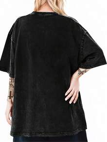 Talla Grande - Diseño Original - Camiseta de Mujer de Algodón Lavado Puro con Acabado Artesanal - Camiseta Retro Desgastada de Manga Corta - Negro - Ver 2