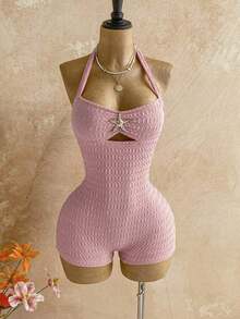 Mono de textura de unicolor con lazo de atar en el cuello para vacaciones, para fiesta en la playa - Rosa - Ver 6
