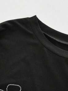 Camiseta corta casual con estampado floral para mujeres, primavera y otoño - Negro - Ver 3