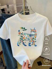 180g Made In Mexico, Spring/Summer 2026 Fashion Short Sleeve T-Shirt, Cartoon Print, Couple Style, Underwear/Outerwear, Casual Round Neck For Office, Unisex One Piece Top - 白色的 - 查看 6