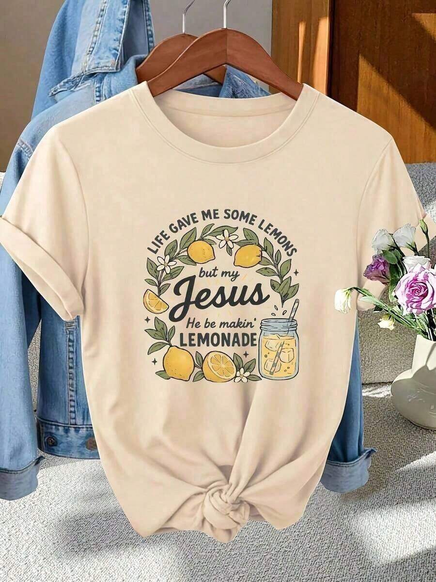Soft 100% Cotton T-Shirt, 100% Pure Cotton, New Summer 2026 Style. New Women's Pure Cotton Crew Neck T-Shirt, Graphic Tee With Lemon And Lemonade Illustrations, Casual Cotton T-Shirt For Christian Lovers, Lightweight Summer Wear For Everyday Use And Outings. 100% Pure Cotton, Versatile And Comfortable For Everyday Wear In Spring And Summer. Machine Washable. A Great Gift For Family, Siblings, Friends, Parents, Or Teachers. Breathable Cotton T-Shirt, Goes With Everything. - 杏色 - 查看 1