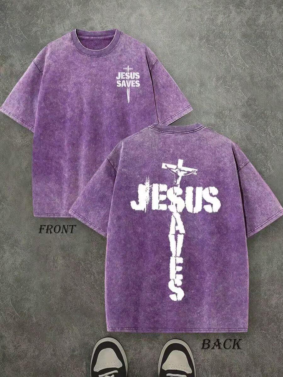 Jesus Tee God Has A Plan Graphic Tee Double-Sided Print Washed T-Shirt Holiday Gifts Y2K Men's Graphic Tees, 230G Cotton T - Shirts,100% Pure Cotton - 紫色1 - 查看 1