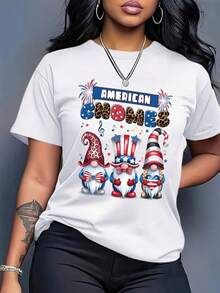 Women's Plus Size Pure Cotton T-Shirt - Loose Fit T-Shirt With Patriotic American And Fireworks Print, Breathable Casual Top For Everyday Wear, Suitable For Independence Day, Fourth Of July Outfits - Plus Size Summer T-Shirt, American Flag Accessory, Festive Celebration Clothing, Simple Design, Comfortable Fabric, Short Sleeve T-Shirt, Festive Clothing, Geometric Pattern, Lightweight Material, Printed T-Shirt, Holiday Clothing HB0U - 白色 - 查看 1