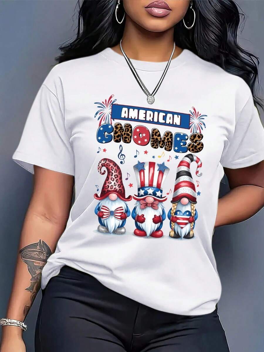 Women's Plus Size Pure Cotton T-Shirt - Loose Fit T-Shirt With Patriotic American And Fireworks Print, Breathable Casual Top For Everyday Wear, Suitable For Independence Day, Fourth Of July Outfits - Plus Size Summer T-Shirt, American Flag Accessory, Festive Celebration Clothing, Simple Design, Comfortable Fabric, Short Sleeve T-Shirt, Festive Clothing, Geometric Pattern, Lightweight Material, Printed T-Shirt, Holiday Clothing HB0U - 白色 - 查看 1