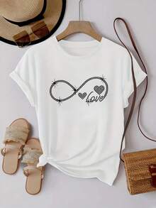 Women's Clothing Casual Knit T-Shirt For Women, Short Sleeve, Round Neck With Bright Infinity Print, Loose Fit With Dropped Shoulders, Style St Women's Shirts - 白色的 - 查看 2