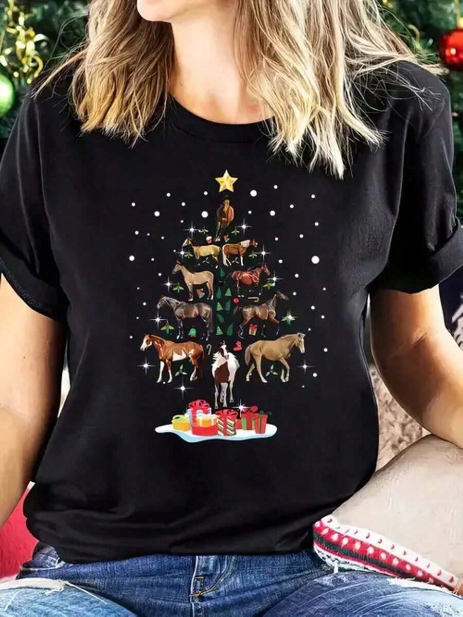 Women's Christmas Top - Featuring A Colorful Horse Tree Design With A Golden Star And Gifts, This Fun And Whimsical Holiday Top Is Perfect For Christmas Celebrations And As A Gift. 2026 - 黑色 - 查看 1